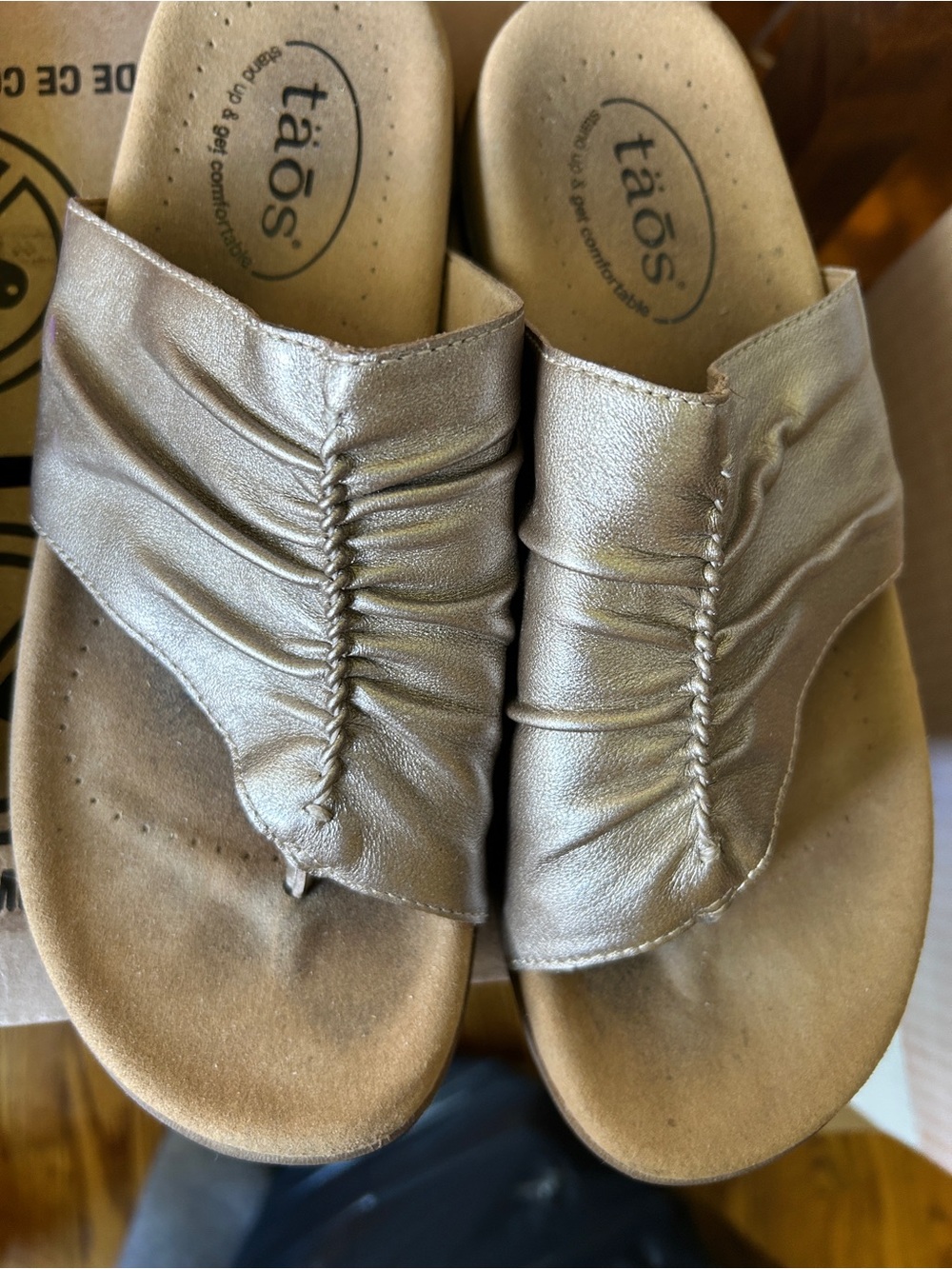 Taos Footwear Metallic Taupe Ruched Slide Sandals